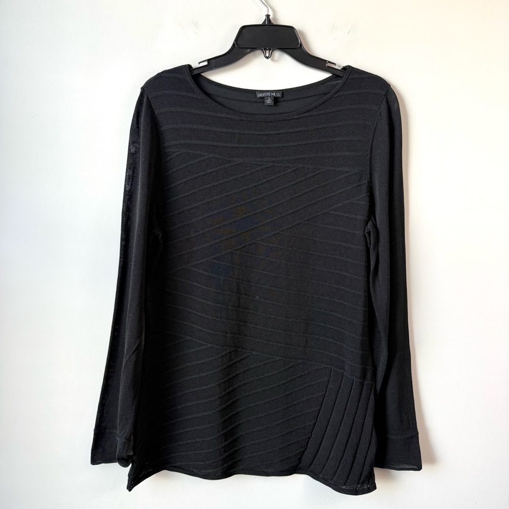 Lafayette 148 New York Lightweight Textured Abstract Stripe Knit Sweater Black L